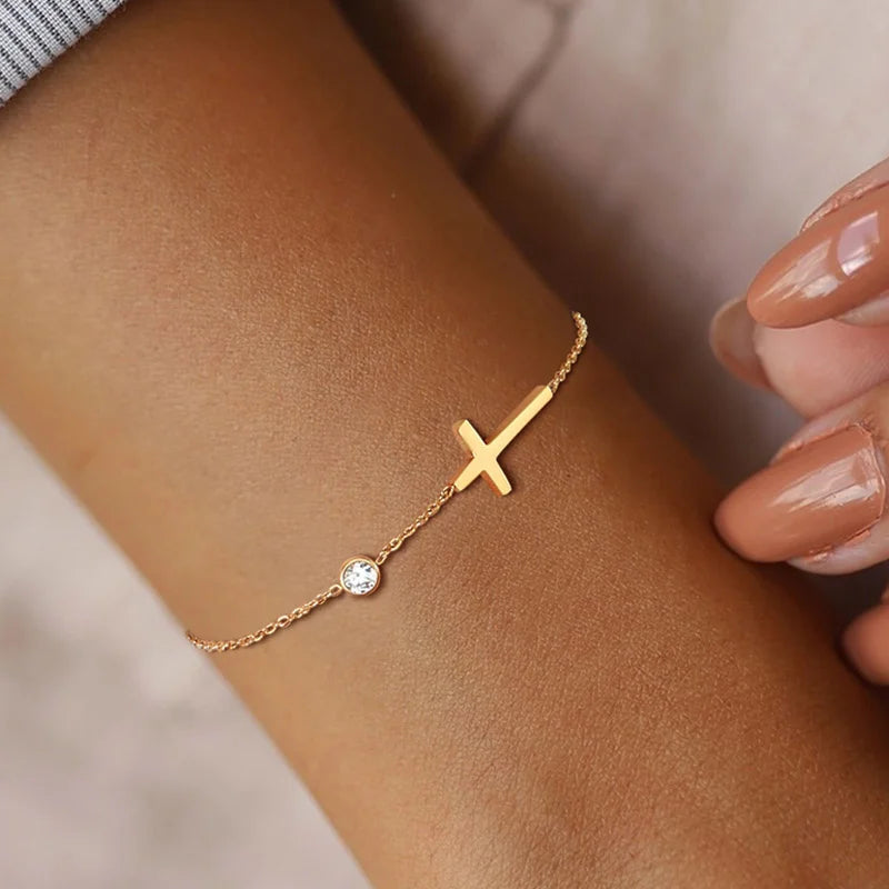 Thin Chain Link Cross Bracelet Stainless Steel