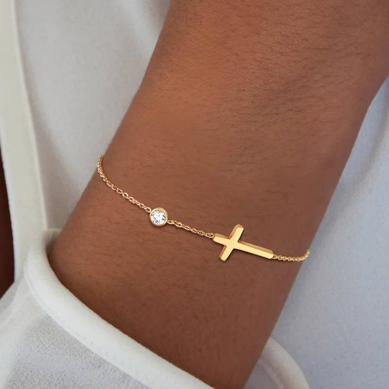 Thin Chain Link Cross Bracelet Stainless Steel