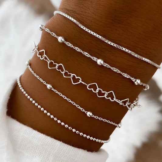 5Pcs Set Silver/Gold Multilayer Interlocking Hearts Bracelet