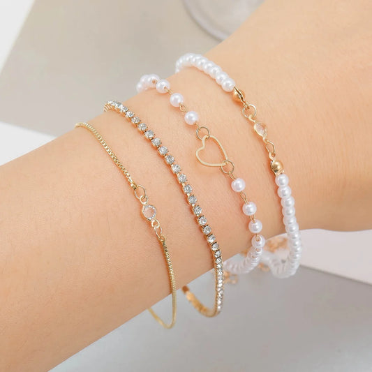 4 Piece Gold & Pearl Bracelet Set